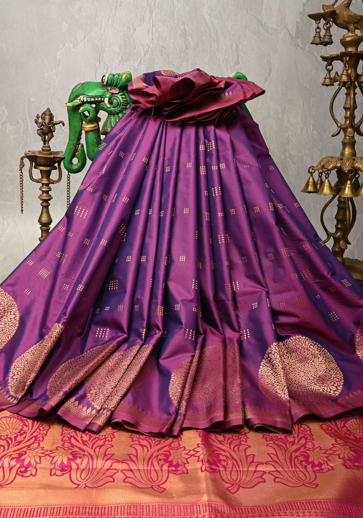 Plum Dual tone Kanchi Semi Silk Saree with Zari Buttas and Mandala Motifs on Border