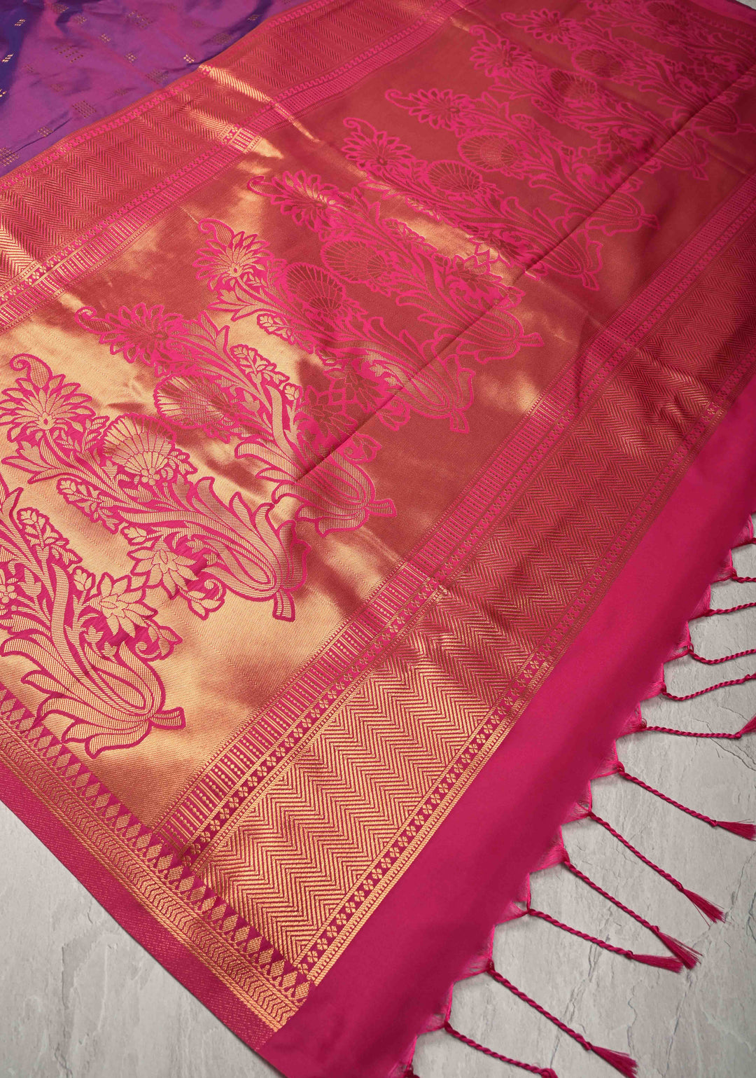 Plum Dual tone Kanchi Semi Silk Saree with Zari Buttas and Mandala Motifs on Border