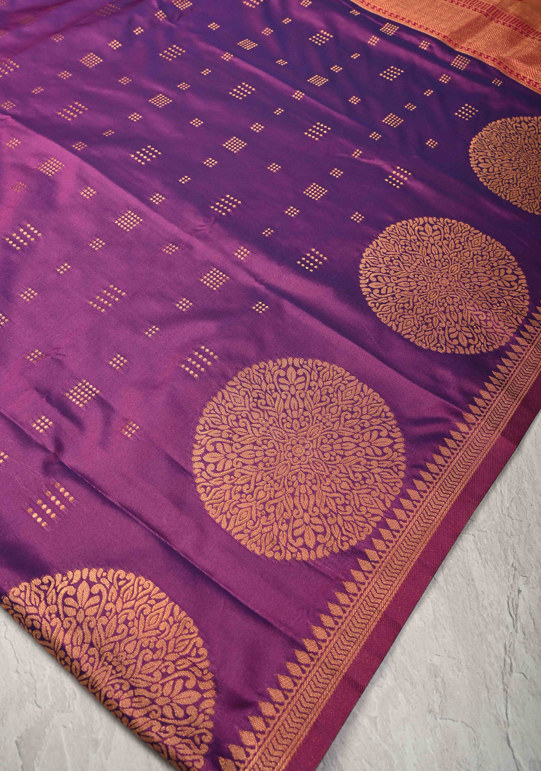 Plum Dual tone Kanchi Semi Silk Saree with Zari Buttas and Mandala Motifs on Border