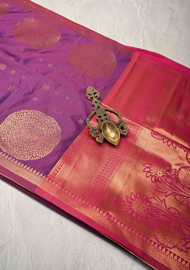 Plum Dual tone Kanchi Semi Silk Saree with Zari Buttas and Mandala Motifs on Border