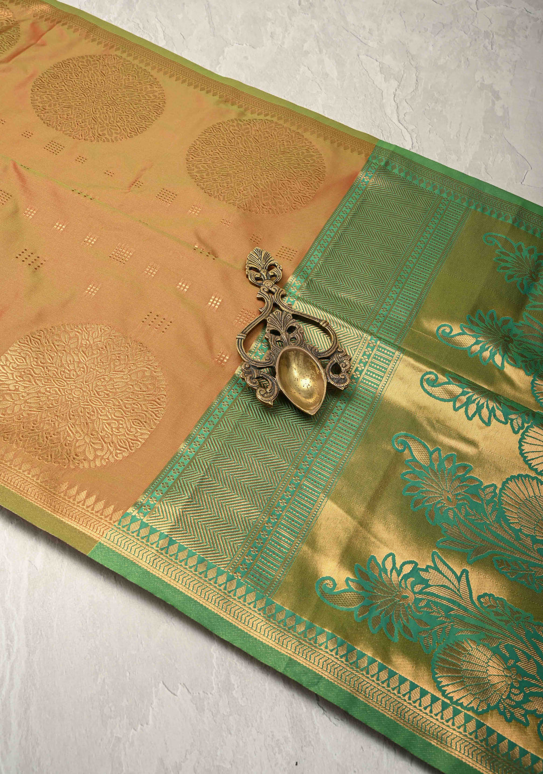 Green-Maroon Dual tone Kanchi Semi Silk Saree with Zari Buttas and Mandala Motifs on Border