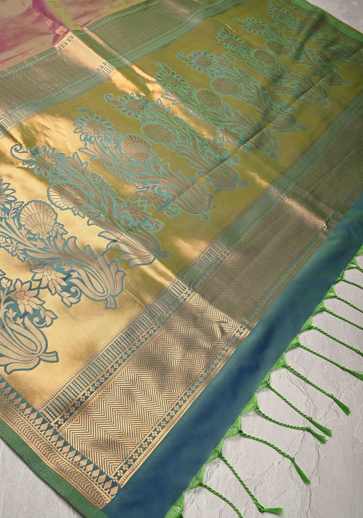 Green-Purple Dual tone Kanchi Semi Silk Saree with Zari Buttas and Mandala Motifs on Border