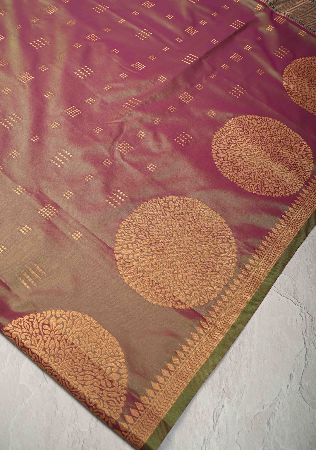 Green-Purple Dual tone Kanchi Semi Silk Saree with Zari Buttas and Mandala Motifs on Border