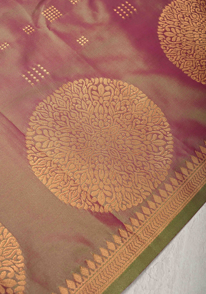 Green-Purple Dual tone Kanchi Semi Silk Saree with Zari Buttas and Mandala Motifs on Border