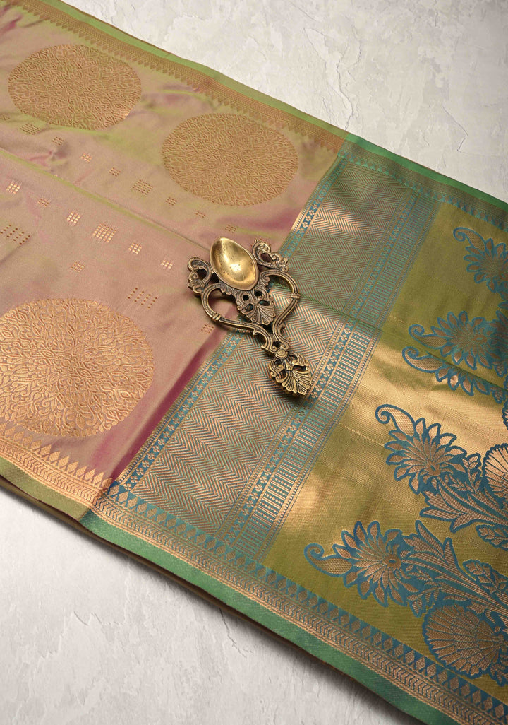 Green-Purple Dual tone Kanchi Semi Silk Saree with Zari Buttas and Mandala Motifs on Border