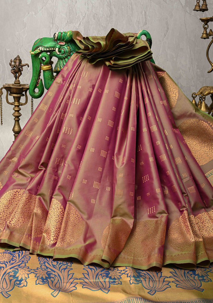 Green-Purple Dual tone Kanchi Semi Silk Saree with Zari Buttas and Mandala Motifs on Border