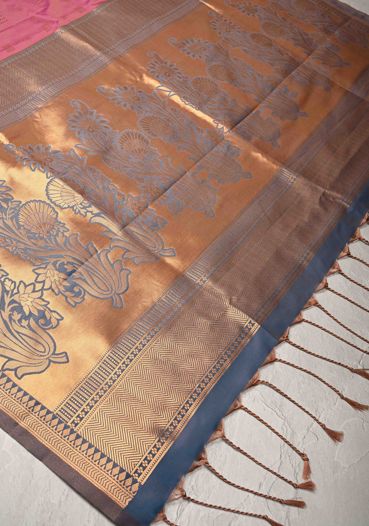 Mulberry Kanchi Semi Silk Saree with Zari Buttas and Mandala Motifs on Border
