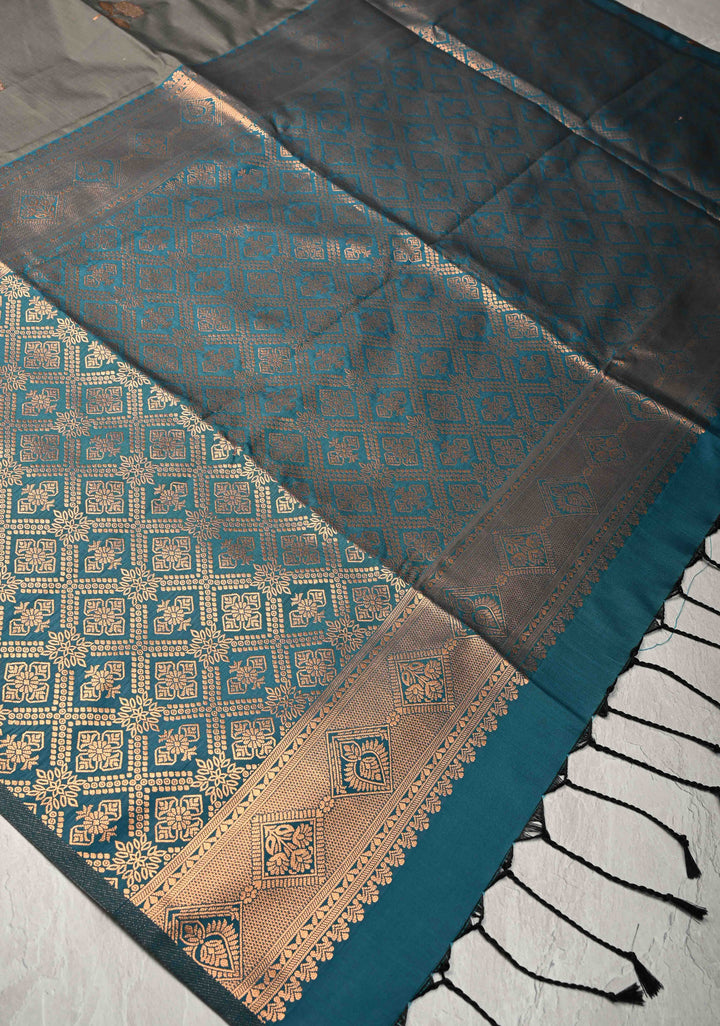 Cloudy Gray Kanchi Semi Silk Saree with Alfi Floral Buttas and Zari Border