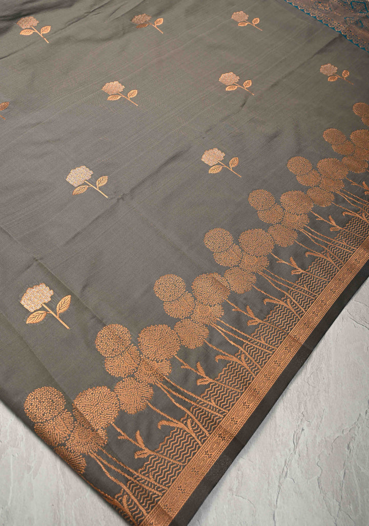 Cloudy Gray Kanchi Semi Silk Saree with Alfi Floral Buttas and Zari Border