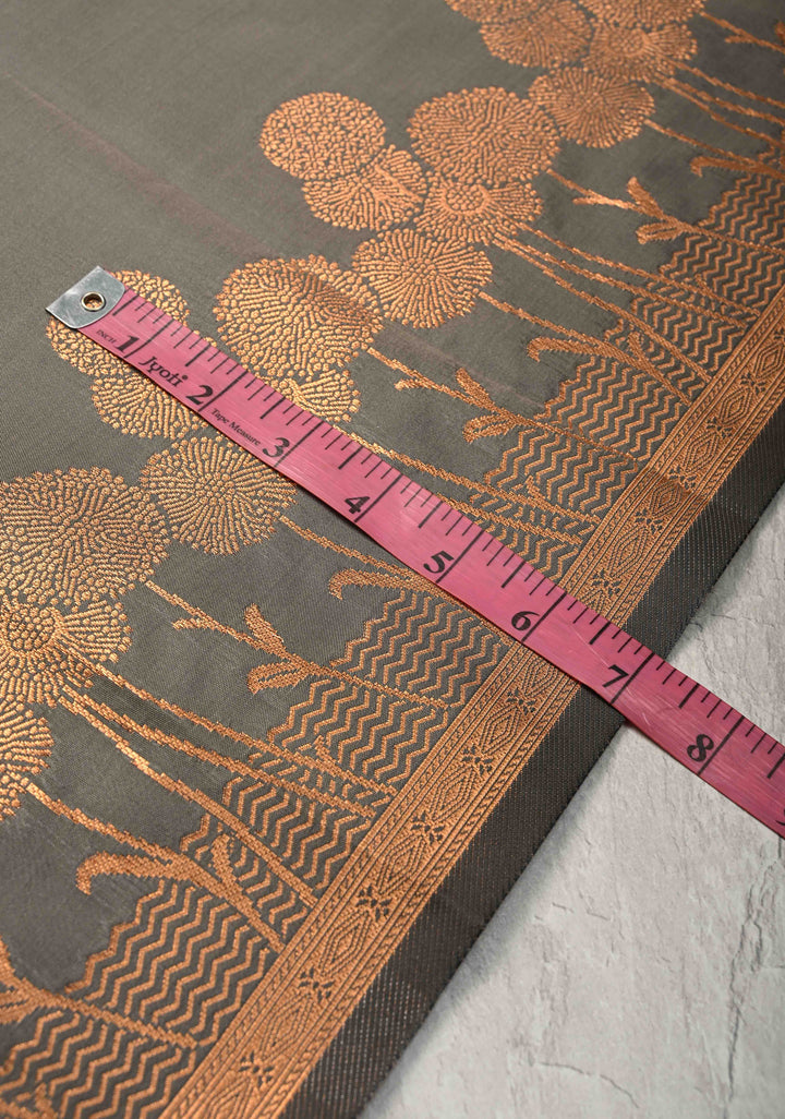 Cloudy Gray Kanchi Semi Silk Saree with Alfi Floral Buttas and Zari Border