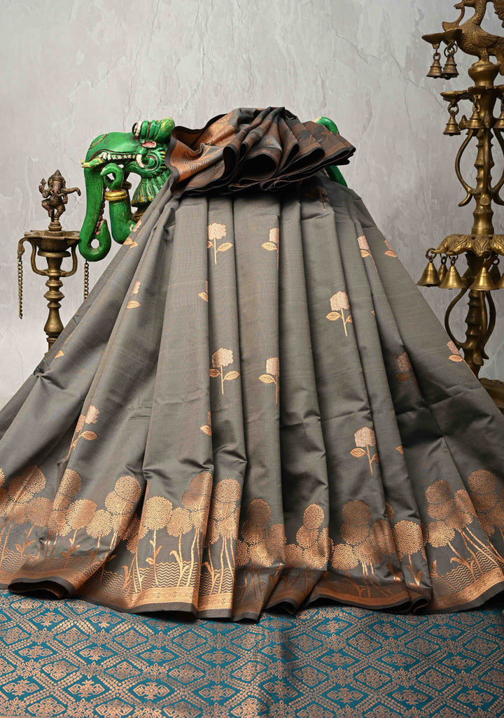 Cloudy Gray Kanchi Semi Silk Saree with Alfi Floral Buttas and Zari Border