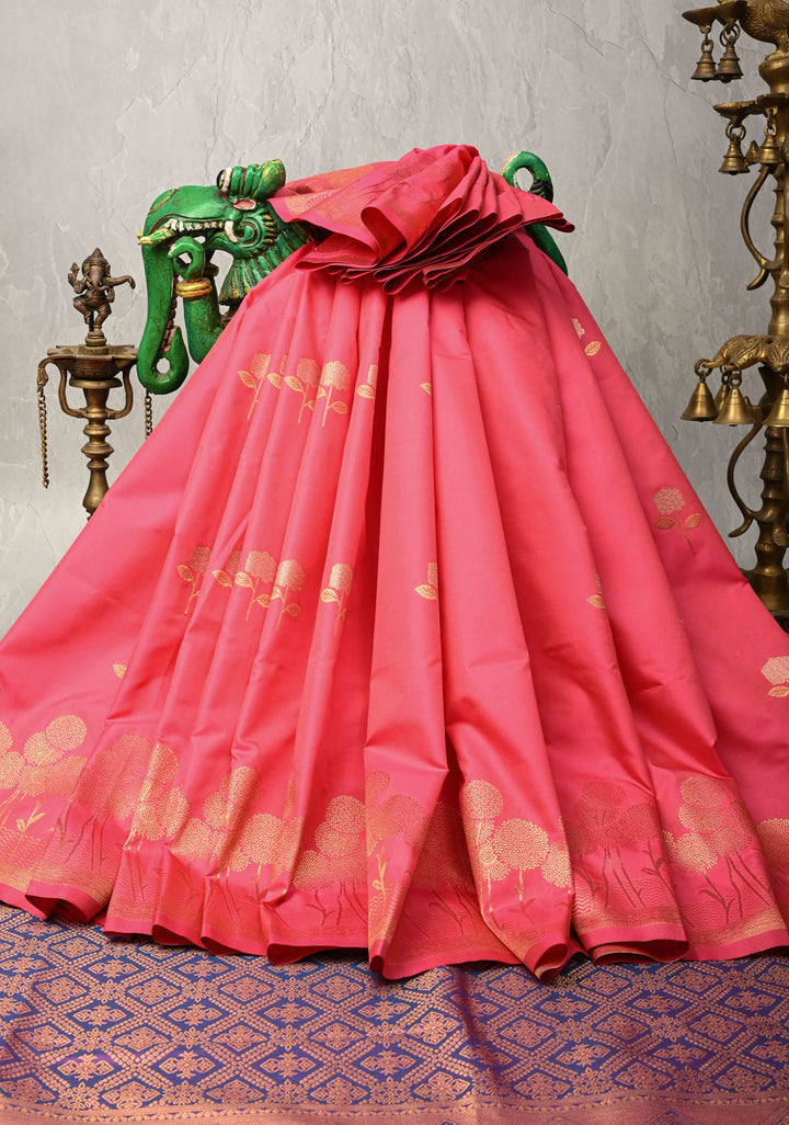 Fiery Rose Kanchi Semi Silk Saree with Alfi Floral Buttas and Zari Border