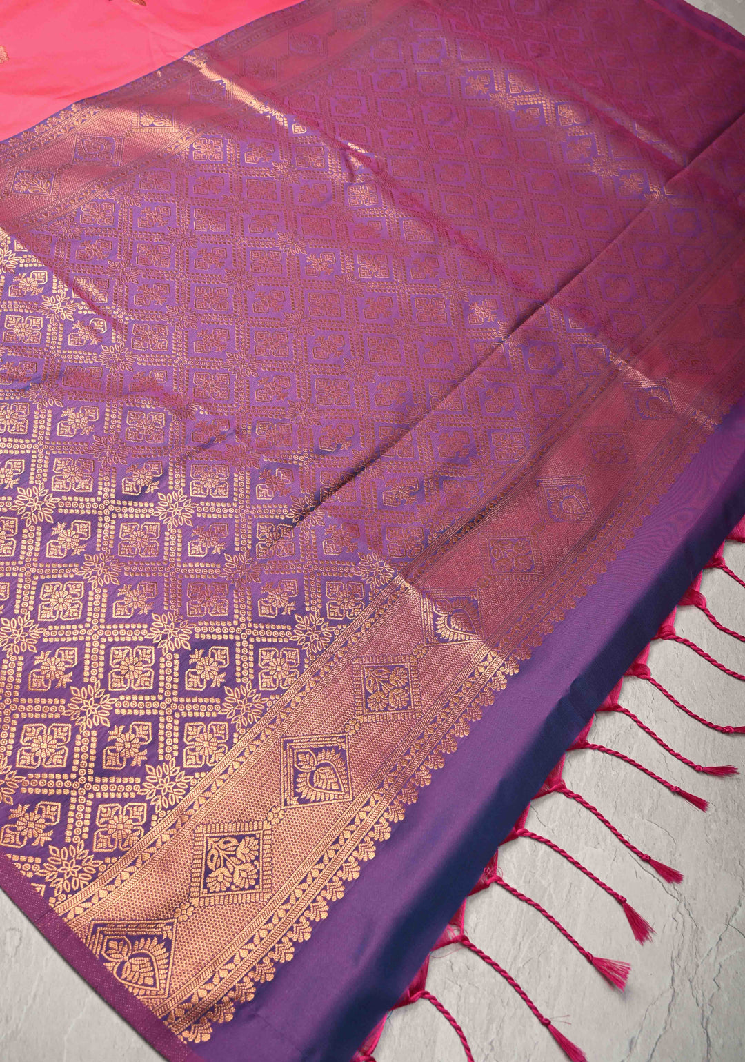Fiery Rose Kanchi Semi Silk Saree with Alfi Floral Buttas and Zari Border