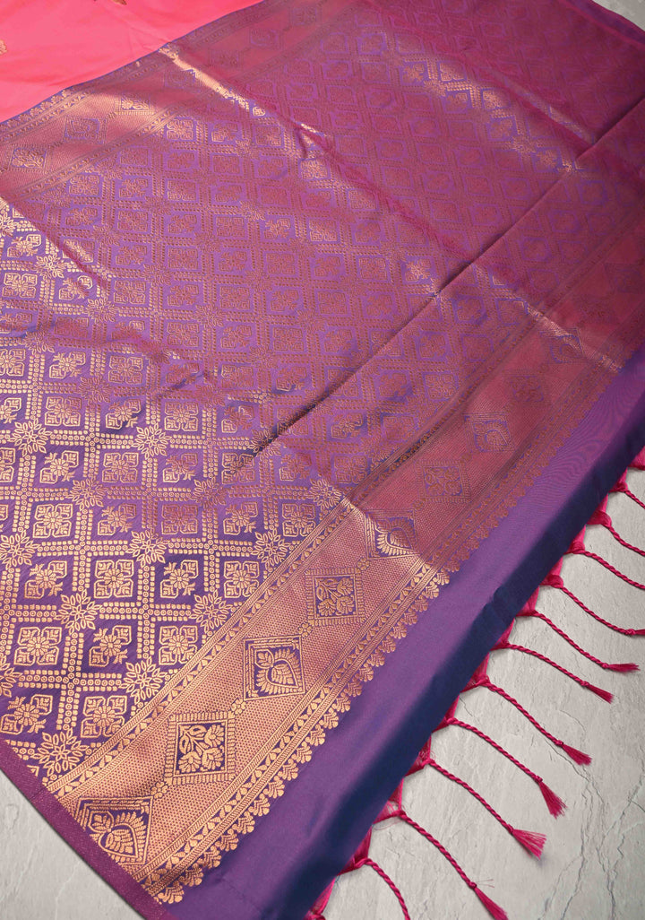 Fiery Rose Kanchi Semi Silk Saree with Alfi Floral Buttas and Zari Border