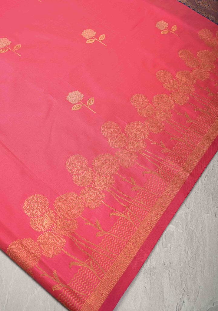 Fiery Rose Kanchi Semi Silk Saree with Alfi Floral Buttas and Zari Border