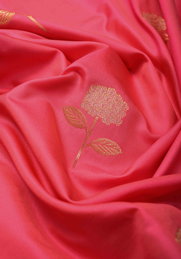 Fiery Rose Kanchi Semi Silk Saree with Alfi Floral Buttas and Zari Border
