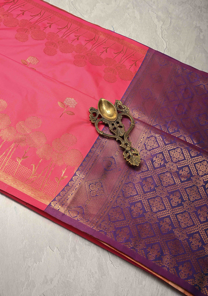 Fiery Rose Kanchi Semi Silk Saree with Alfi Floral Buttas and Zari Border