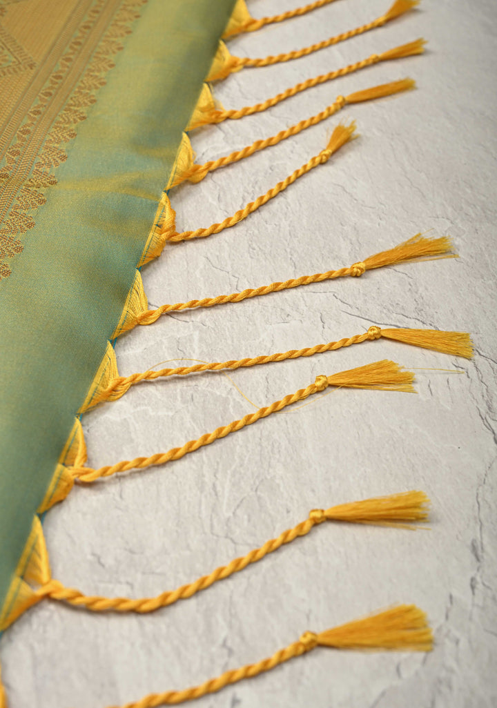 Methi Yellow Kanchi Semi Silk Saree with Alfi Floral Buttas and Zari Border