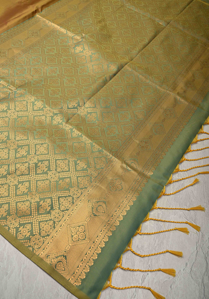 Methi Yellow Kanchi Semi Silk Saree with Alfi Floral Buttas and Zari Border