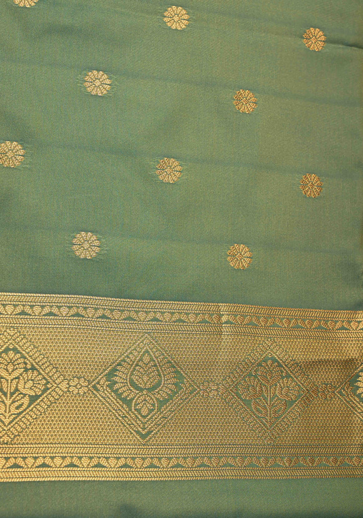 Methi Yellow Kanchi Semi Silk Saree with Alfi Floral Buttas and Zari Border