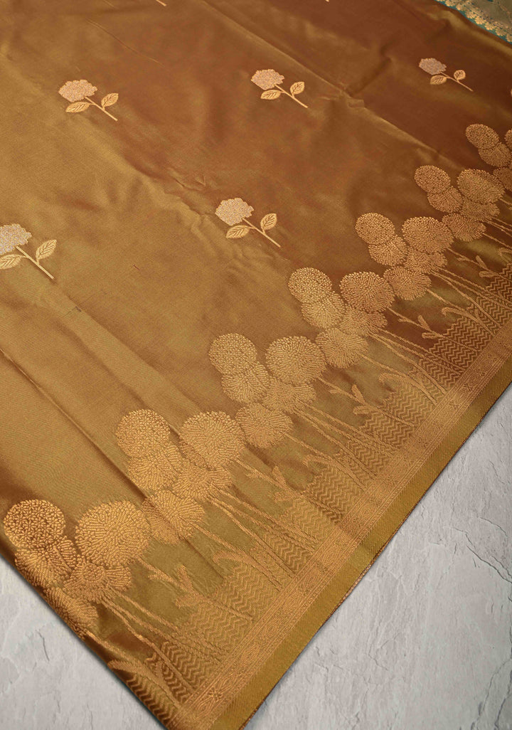 Methi Yellow Kanchi Semi Silk Saree with Alfi Floral Buttas and Zari Border