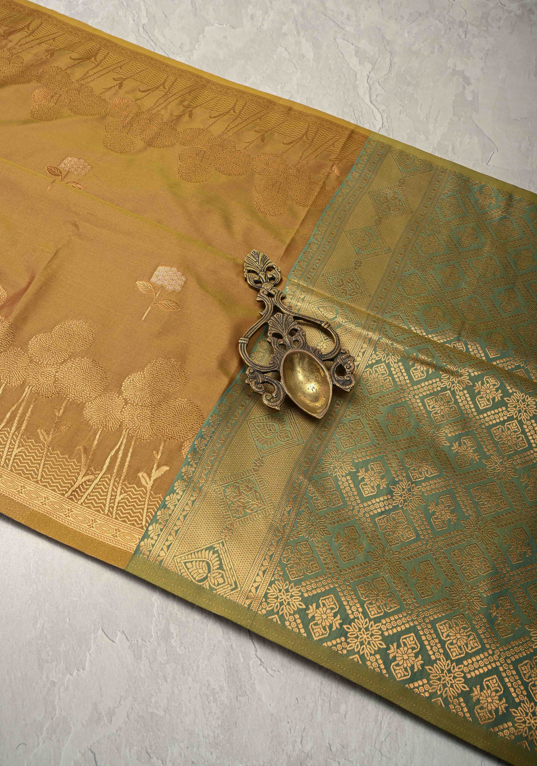 Methi Yellow Kanchi Semi Silk Saree with Alfi Floral Buttas and Zari Border