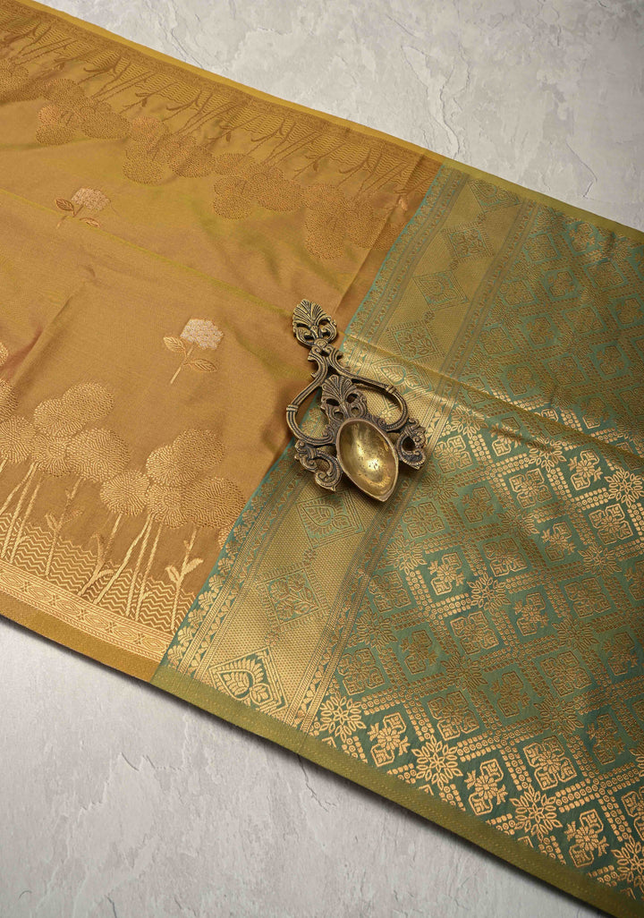 Methi Yellow Kanchi Semi Silk Saree with Alfi Floral Buttas and Zari Border