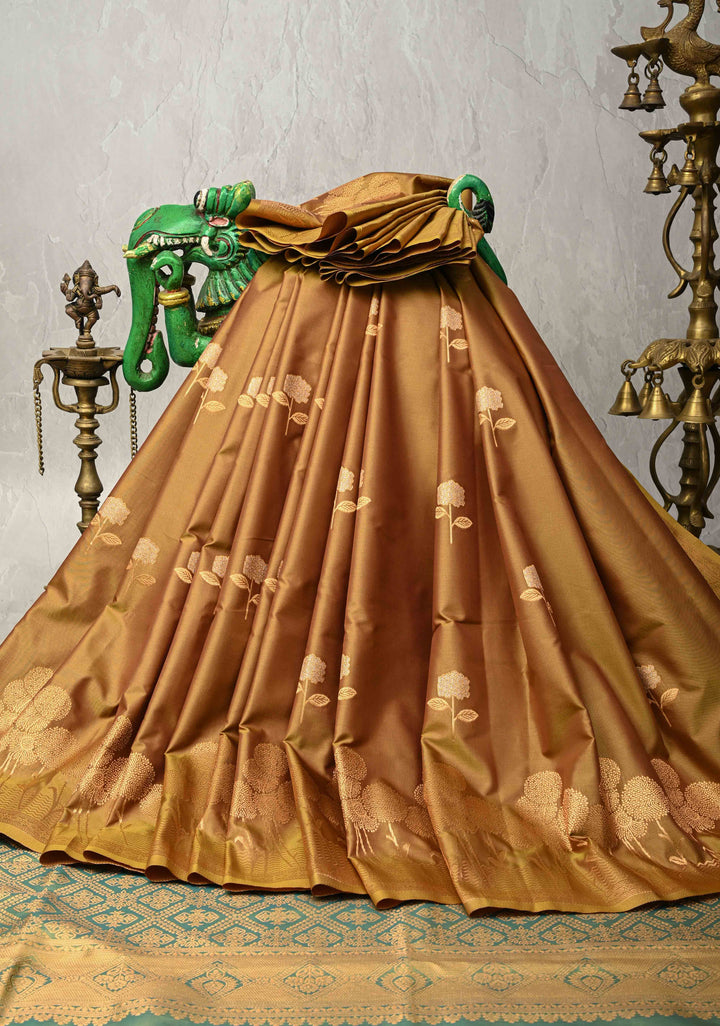 Methi Yellow Kanchi Semi Silk Saree with Alfi Floral Buttas and Zari Border