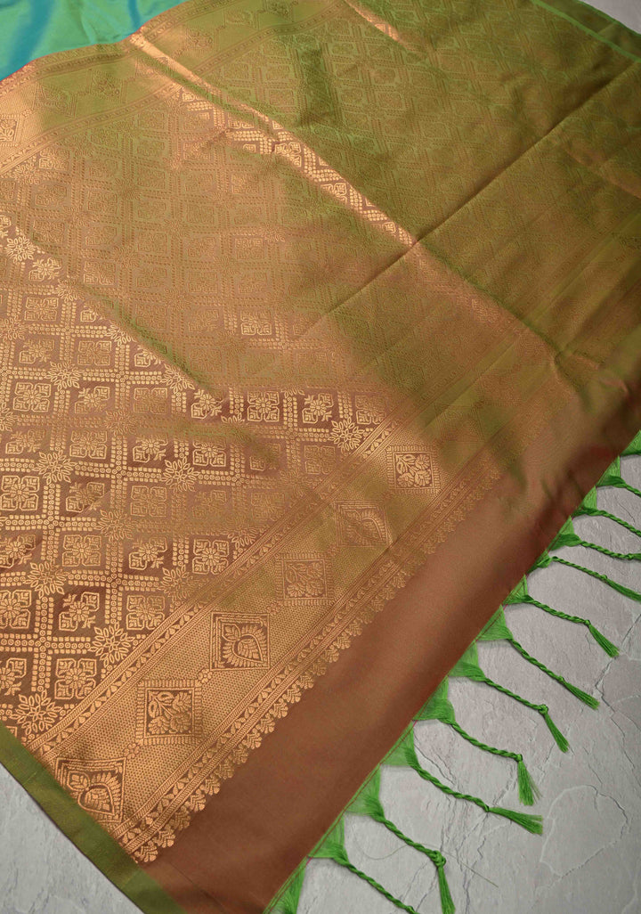 Green Dual tone Kanchi Semi Silk Saree with Alfi Floral Buttas and Zari Border