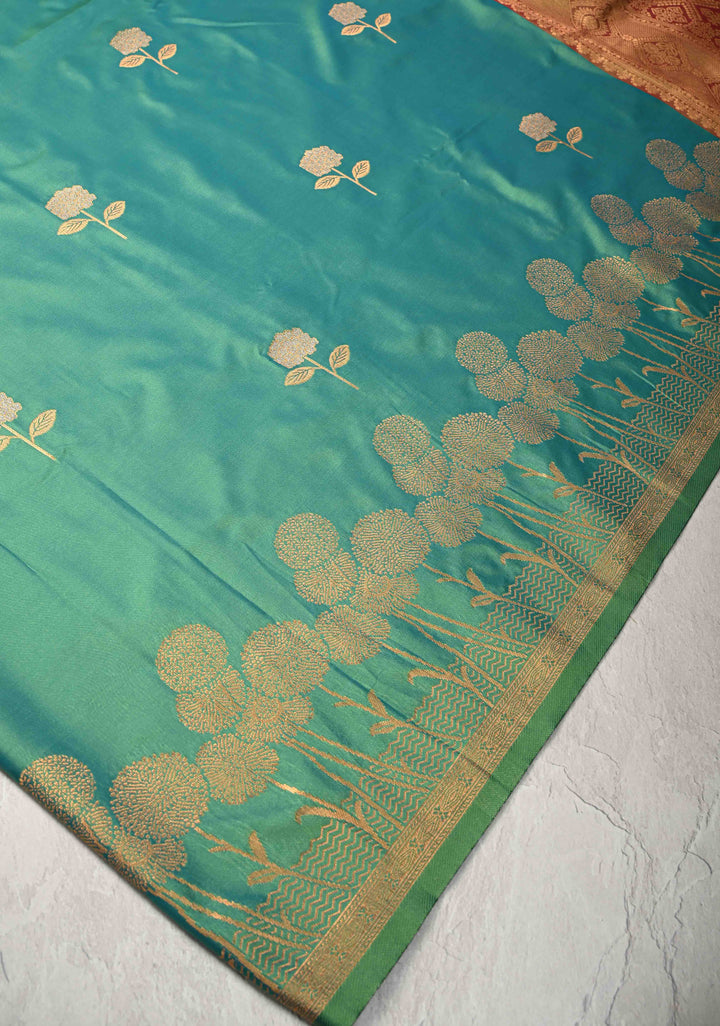Green Dual tone Kanchi Semi Silk Saree with Alfi Floral Buttas and Zari Border