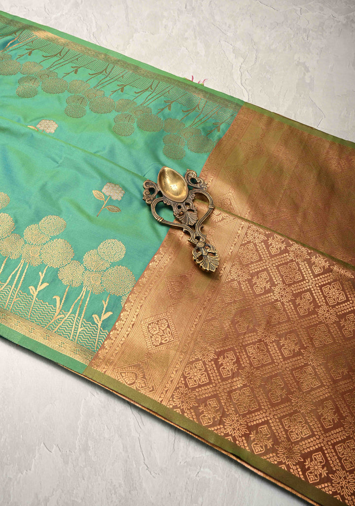 Green Dual tone Kanchi Semi Silk Saree with Alfi Floral Buttas and Zari Border