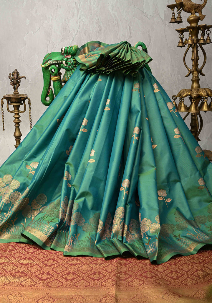 Green Dual tone Kanchi Semi Silk Saree with Alfi Floral Buttas and Zari Border
