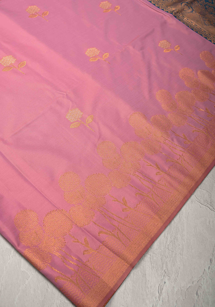 Rose Pink Kanchi Semi Silk Saree with Alfi Floral Buttas and Zari Border