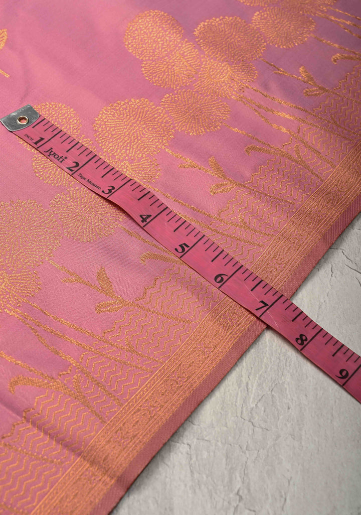 Rose Pink Kanchi Semi Silk Saree with Alfi Floral Buttas and Zari Border