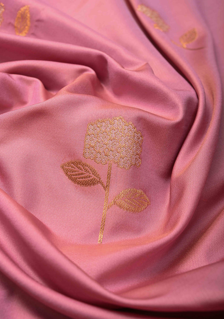 Rose Pink Kanchi Semi Silk Saree with Alfi Floral Buttas and Zari Border