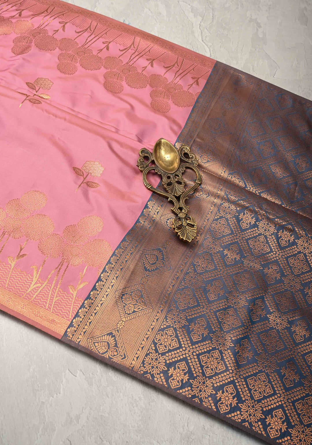Rose Pink Kanchi Semi Silk Saree with Alfi Floral Buttas and Zari Border