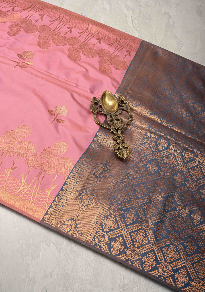 Rose Pink Kanchi Semi Silk Saree with Alfi Floral Buttas and Zari Border