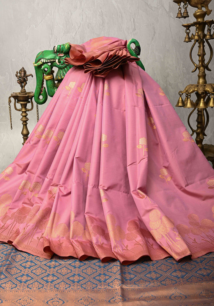 Rose Pink Kanchi Semi Silk Saree with Alfi Floral Buttas and Zari Border