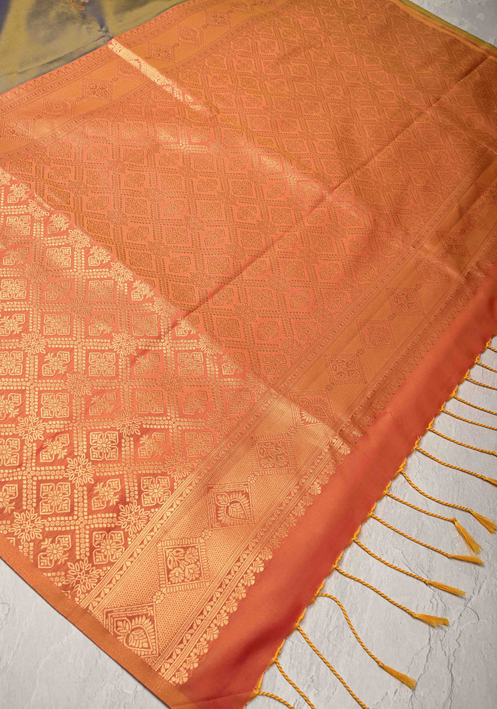 Brown Dual tone Kanchi Semi Silk Saree with Alfi Floral Buttas and Zari Border