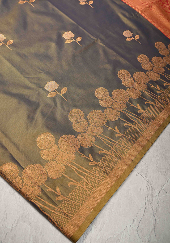 Brown Dual tone Kanchi Semi Silk Saree with Alfi Floral Buttas and Zari Border