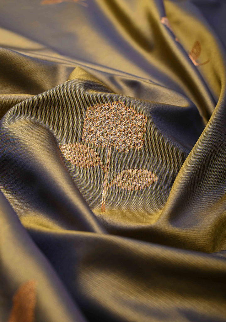 Brown Dual tone Kanchi Semi Silk Saree with Alfi Floral Buttas and Zari Border