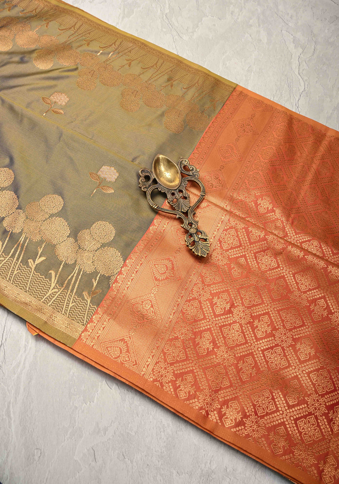 Brown Dual tone Kanchi Semi Silk Saree with Alfi Floral Buttas and Zari Border