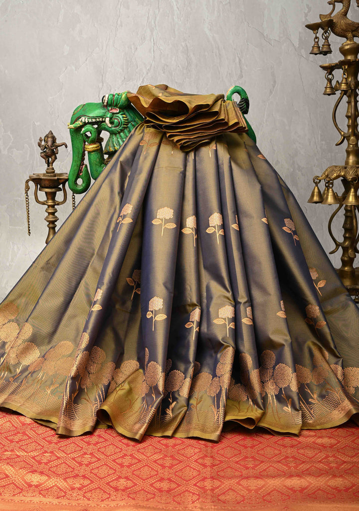 Brown Dual tone Kanchi Semi Silk Saree with Alfi Floral Buttas and Zari Border