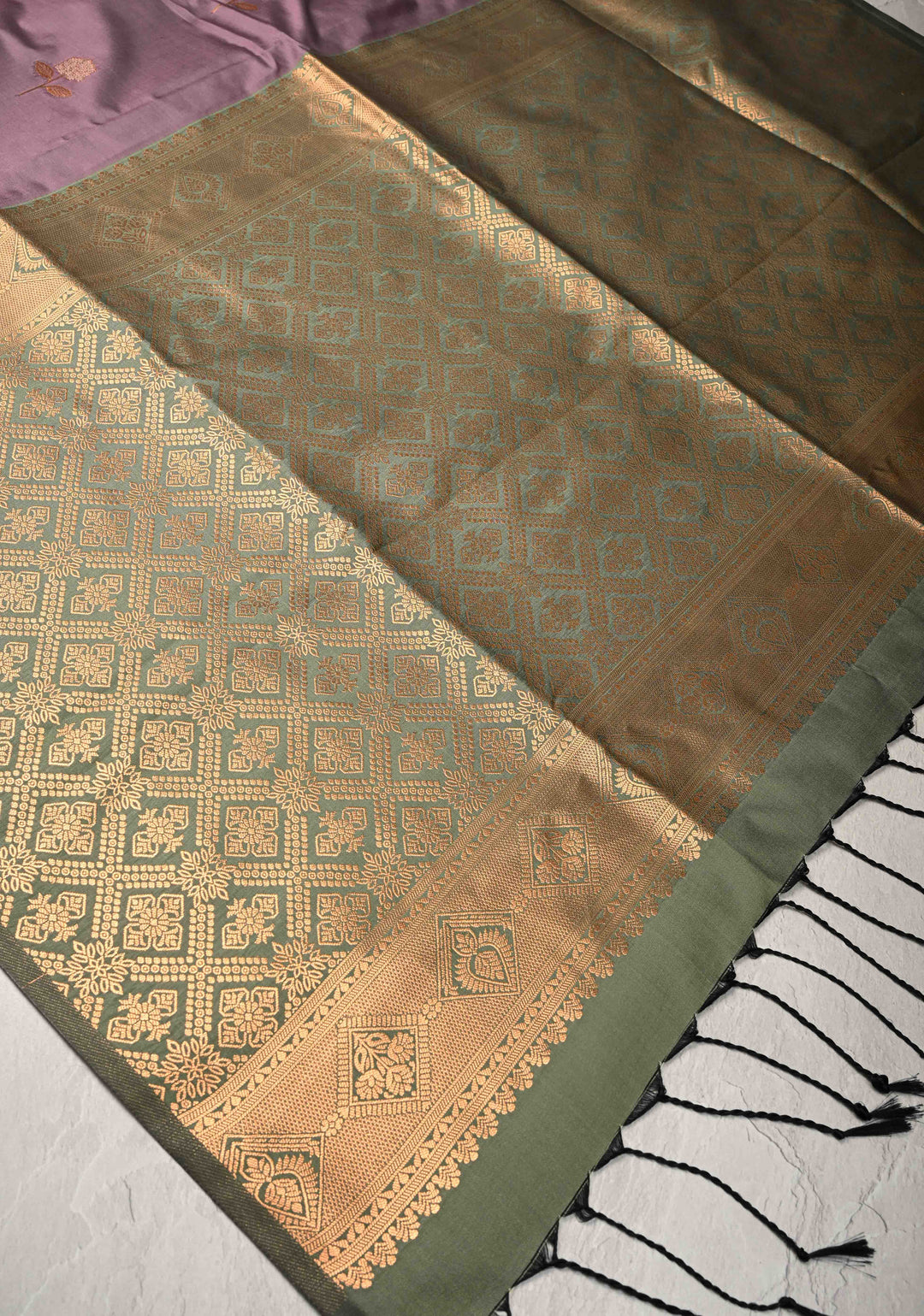 Turkish Rose Kanchi Semi Silk Saree with Alfi Floral Buttas and Zari Border