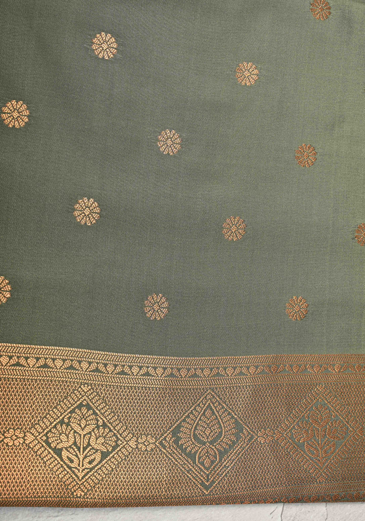 Turkish Rose Kanchi Semi Silk Saree with Alfi Floral Buttas and Zari Border