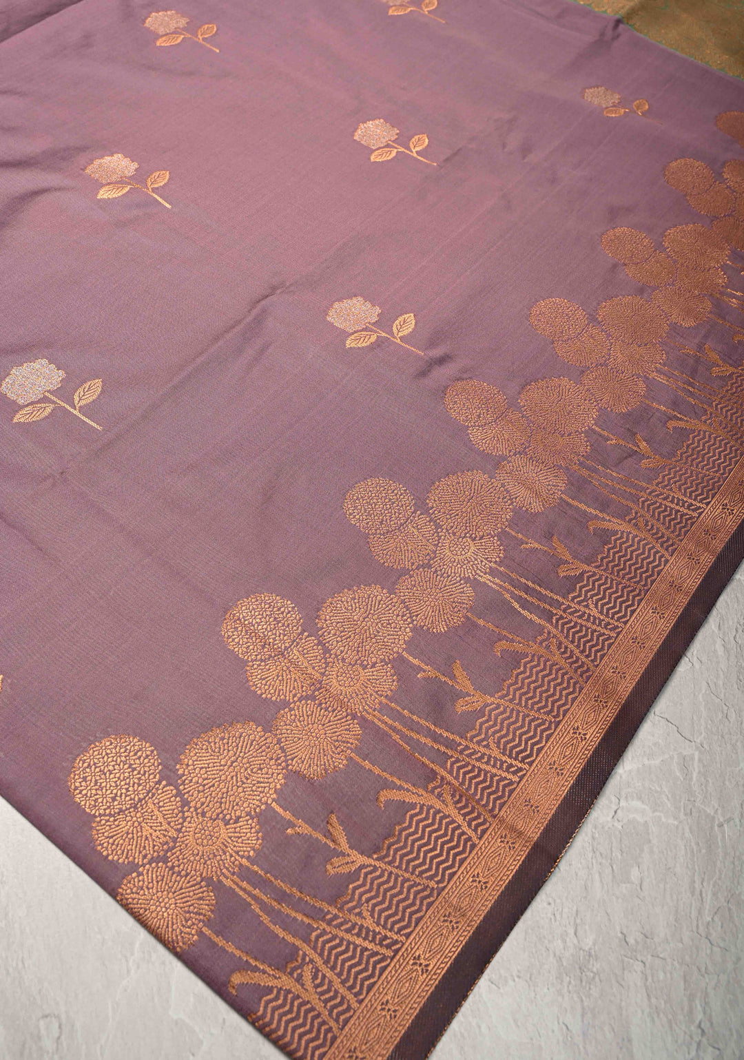 Turkish Rose Kanchi Semi Silk Saree with Alfi Floral Buttas and Zari Border
