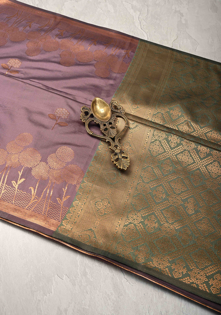 Turkish Rose Kanchi Semi Silk Saree with Alfi Floral Buttas and Zari Border