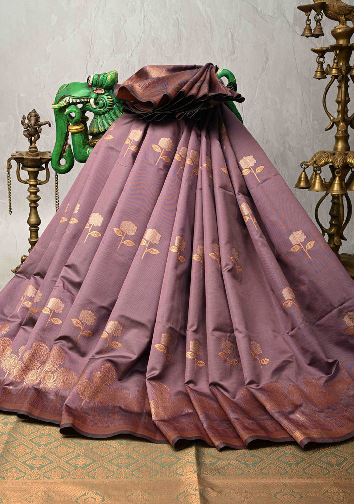 Turkish Rose Kanchi Semi Silk Saree with Alfi Floral Buttas and Zari Border