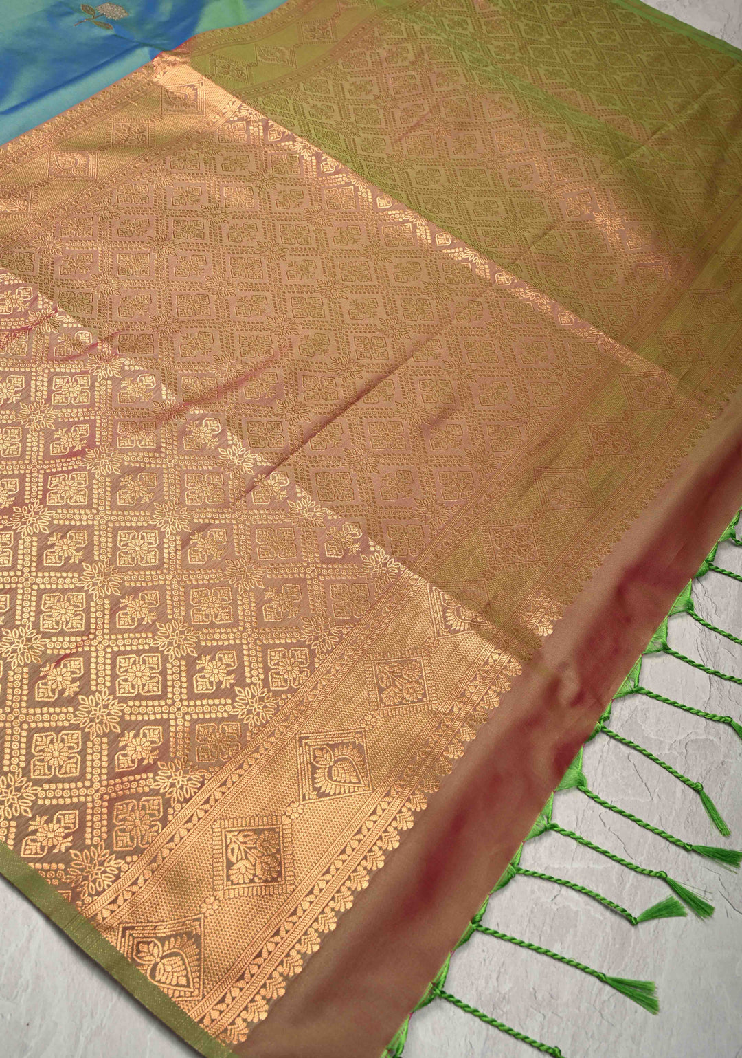 Peacock Blue Dual tone Kanchi Semi Silk Saree with Alfi Floral Buttas and Zari Border