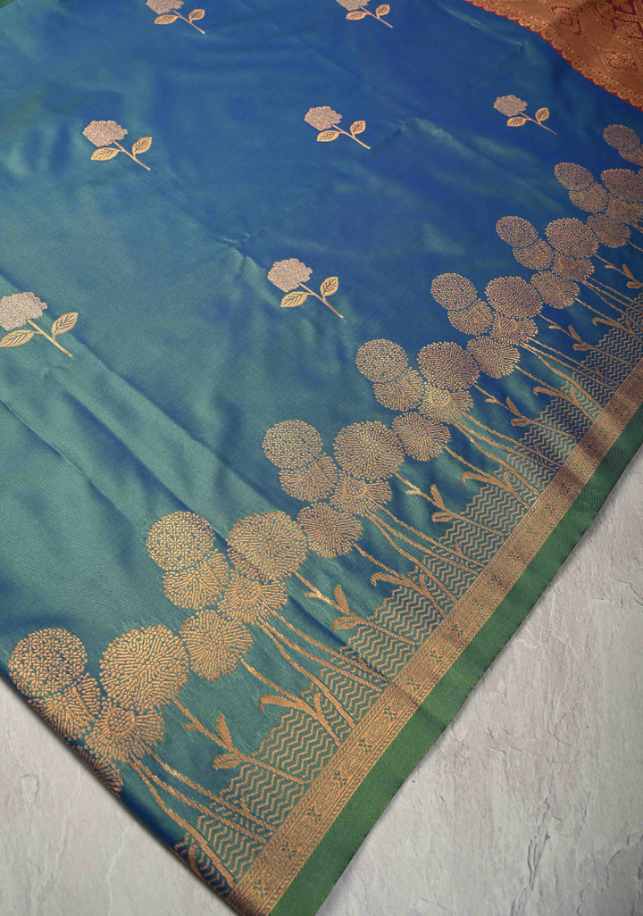 Peacock Blue Dual tone Kanchi Semi Silk Saree with Alfi Floral Buttas and Zari Border